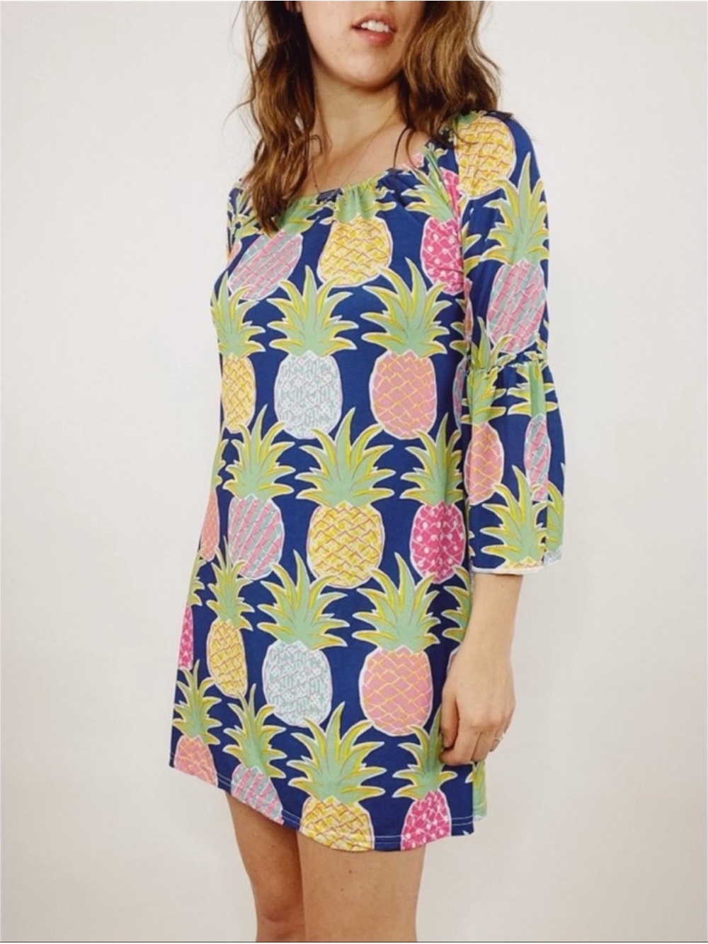 Simply Southern Pineapple Dress Blue Mini Large NWT Bell Sleeve Summer Preppy